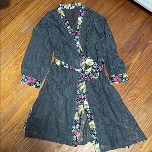 POL Floral Trim Lace Open Front Longline Cardigan